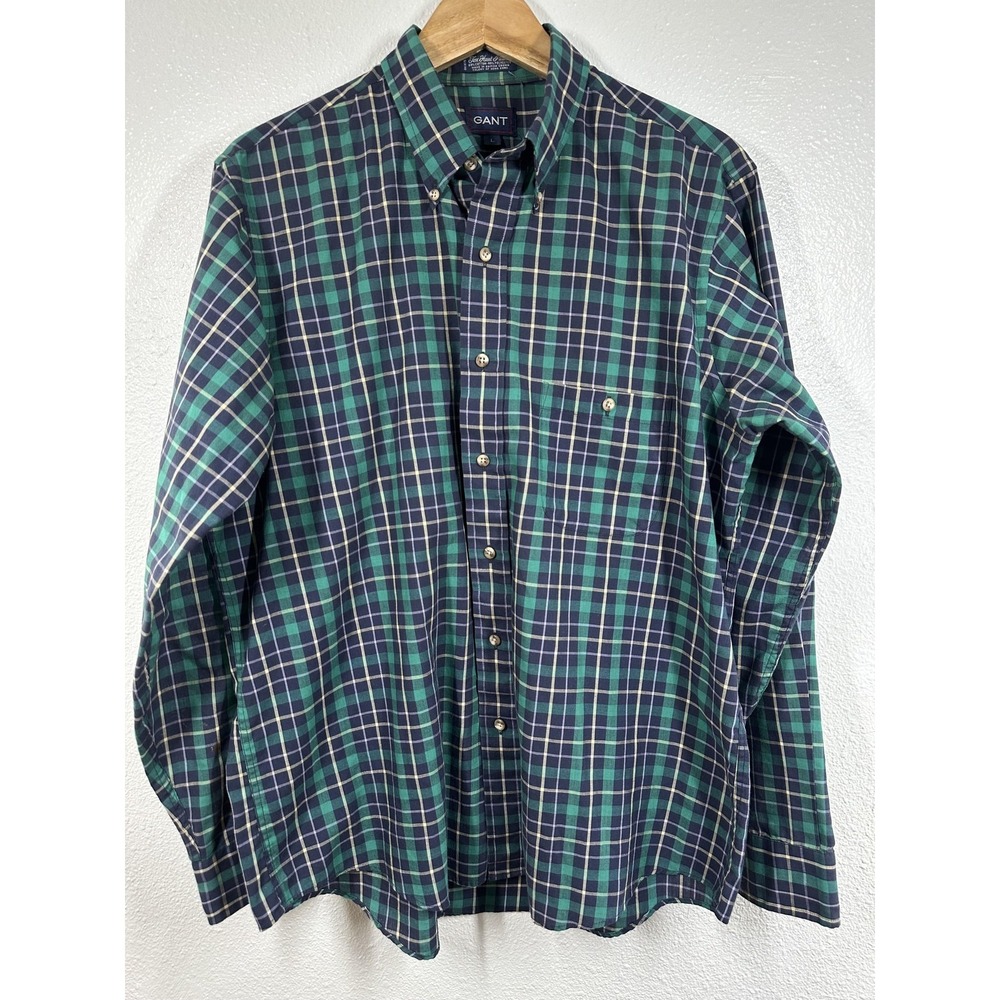VINTAGE Gant Shirt Mens Large Green Blue Plaid Button Down Collar Hong‎ Kong 90s